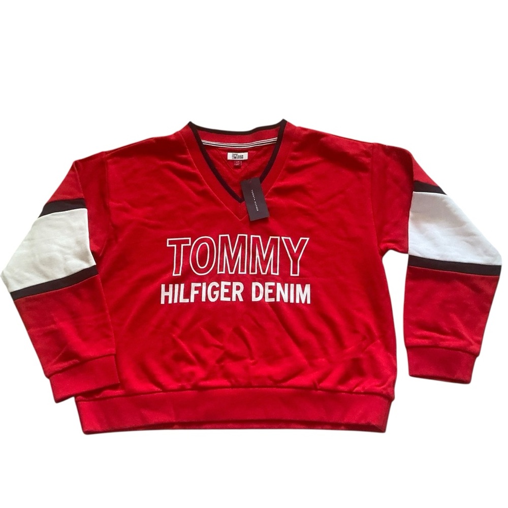 Tommy Hilfiger womens sweatshirt size large red and white v-neck pullover shirt
